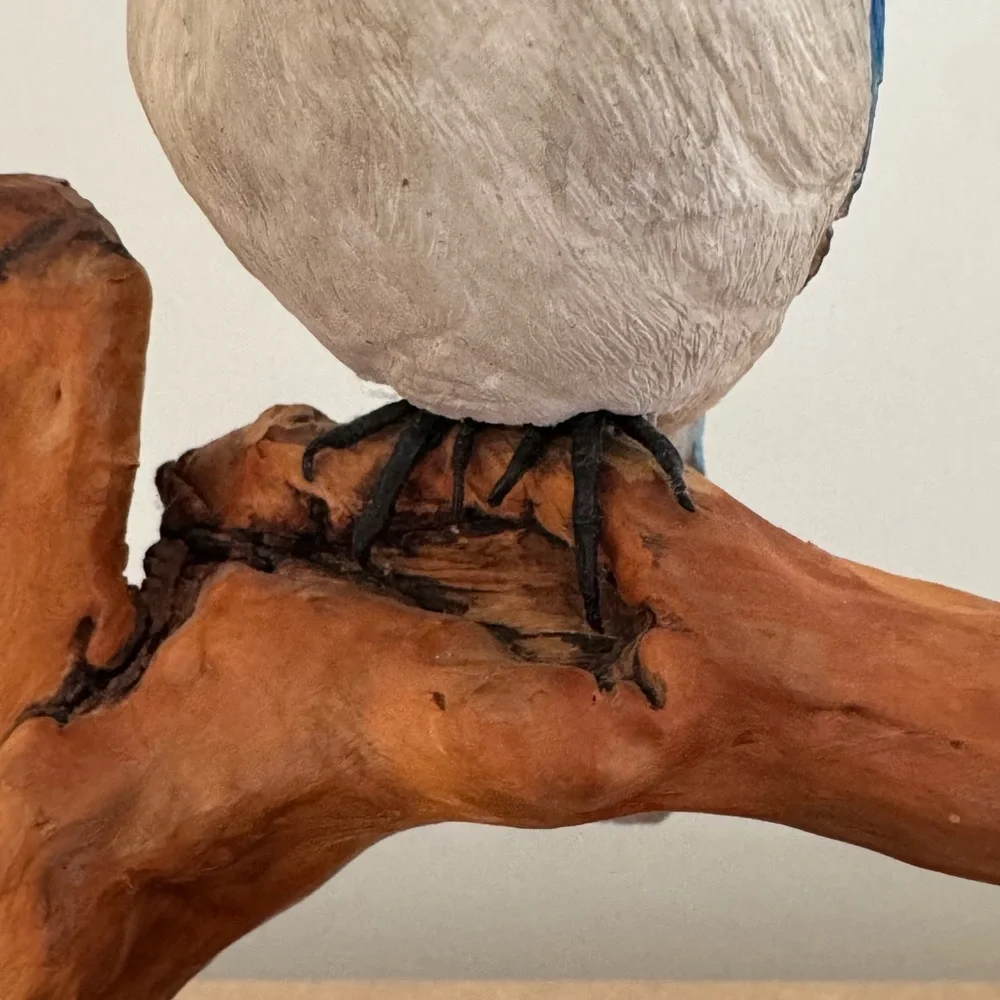 Source Unknown Hand-Painted Blue and White Jay Figurine on Wood Perch